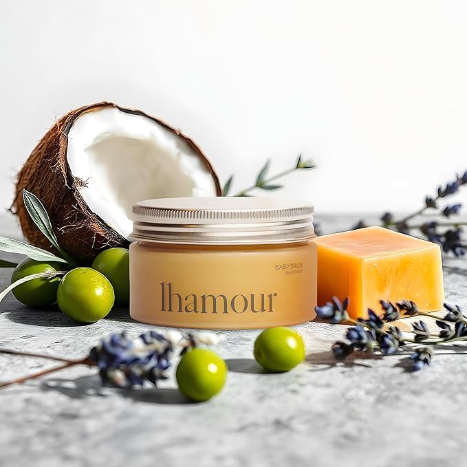 Lhamour Baby Balm 100% Natural Hand Made, 3.53oz Diaper Rash Cream for Baby with Organic Shea Butter, Beeswax, Coconut, Olive, Carrot Oils – Soothing All Purpose Oinment for Sensitive Baby Skin