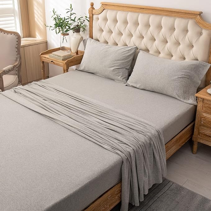 PURE ERA Jersey Knit 4pc Bed Sheet Set 100% T-Shirt Heather Cotton Super Soft Comfy Breathable Fits Mattress Up to 20" Extra Deep Pocket (Heather Light Grey, King)