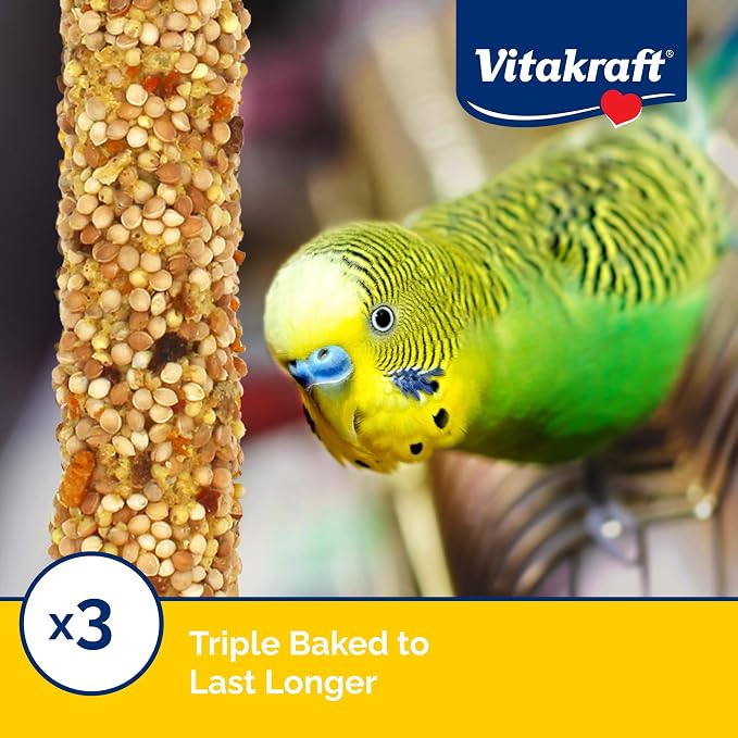 Vitakraft Crunch Sticks Parakeet Treat – 2 Sticks in Orange and Apricot Flavor – Triple Baked with Natural Wood Center – Added Vitamins and Minerals with Cage Clip Holder for Long-Lasting Enrichment