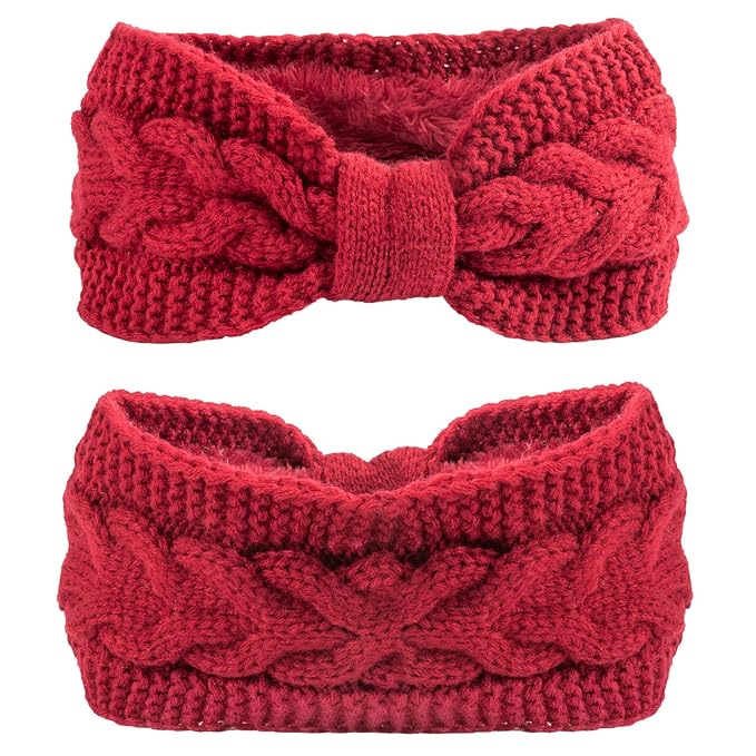 AQOKKA Knit Winter Headbands for Women Fuzzy Wool Fleece Lined Ear Warmers Elastic Turban Crocheted Head Wrap Winter Accessories for Women Cold Weather