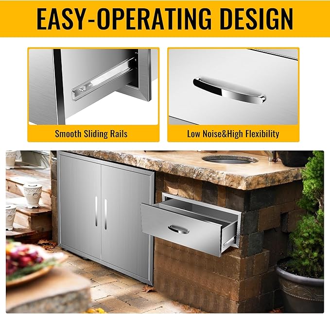 Outdoor Kitchen Drawers Stainless Steel 30W X 10H X 23D Inch, Flush Mount Single BBQ Island Drawers with Handle for Outdoor Kitchens, Patio or Grill Station