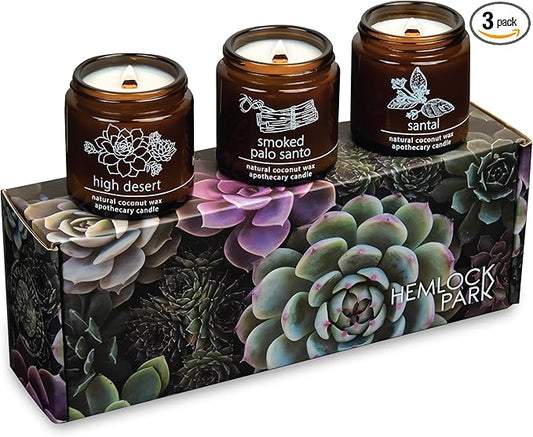 Hemlock Park Apothecary Wood Wick Candle Trio | Gift Set of Three 4 oz Candles Handcrafted with Natural Coconut Wax (High Desert | Palo Santo, Sage, High Desert)