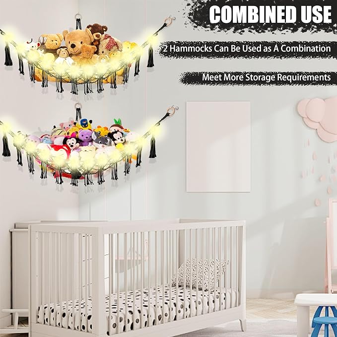 CERETIA Stuffed Animal Hammock with LED Light, Large Stuffed Animals Storage Corner Plushie Net for Kids Room Decor, Black