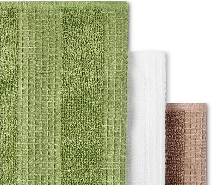 Amazon Basics Organic Cotton Waffle Kitchen Dish Cloths - Ultra Absorbent, Quick Drying, Lint-Free, 12 x 12 inches, 6-Pack (2 Brown, 2 Olive, 2 Navy)