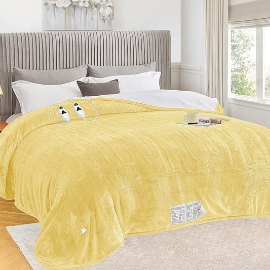 greenoak Heated Blanket Electric King Size 100"X90" Dual Control, Heating Blankets with 10 Levels 8 Hours Auto-Off, Soft Flannel Fluffy House Warming Gifts for Grandma Seniors Mom,Cream Yellow