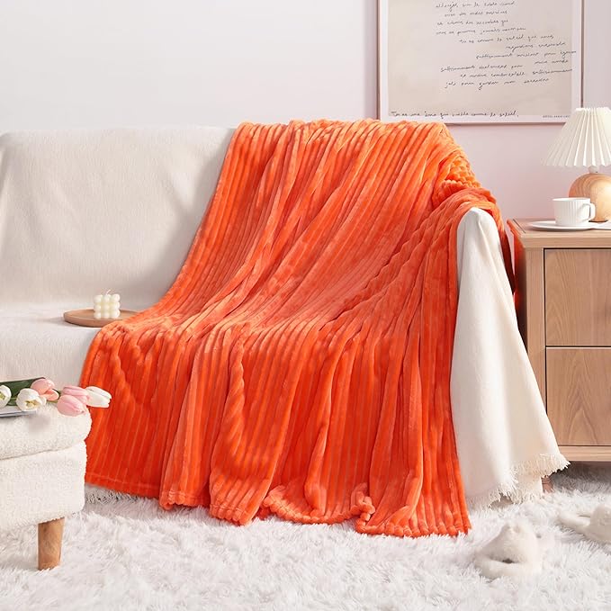 NTBAY Plush Flannel Oversized Baby Blanket, 50X60 Inches Soft and Warm Toddler Blanket with Striped Texture Nursery Bed Blanket for Stroller, Crib, Travel, Baby Gift, 50"x60", Orange