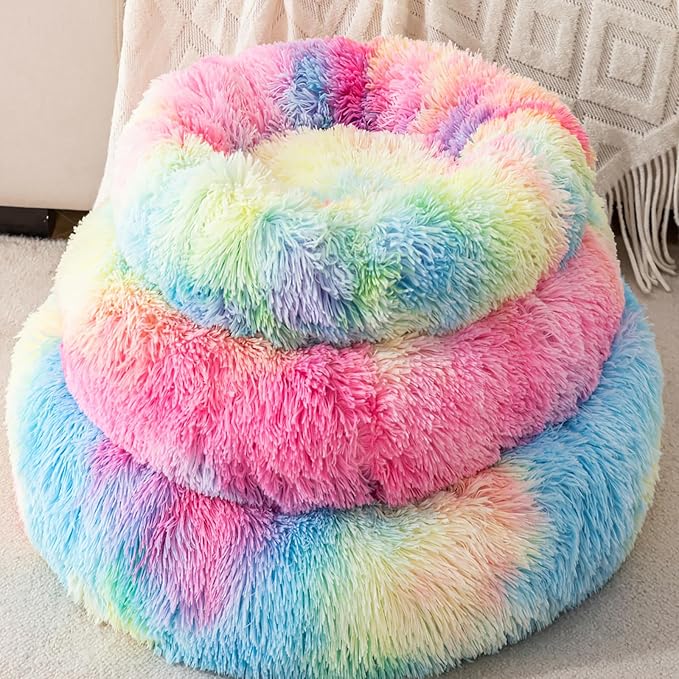Donut Cat Bed for Indoor Cats,20" Rainbow Calming & Orthopedic Pet Bed - Plush Round Dog Bed with Non-Slip Bottom, Machine Washable for Cats, Small Dogs & Pets Up to 18lbs