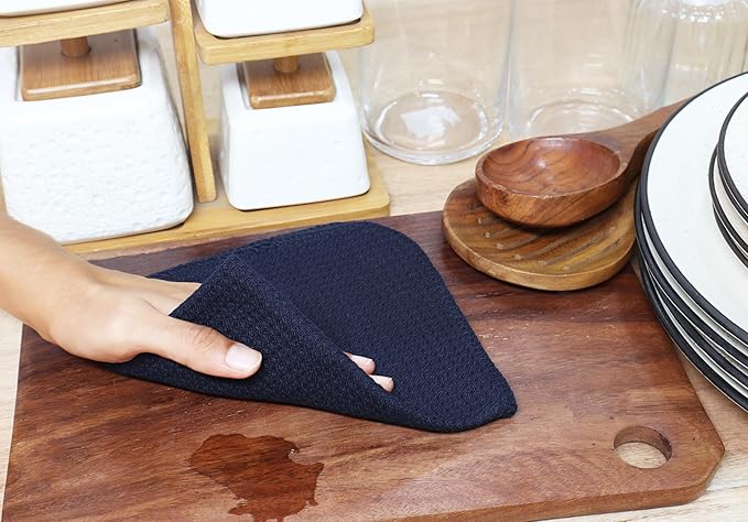 PurpleEssences Dish Cloths and Dish Rags - 6 Pack Waffle Weave Solid Kitchen Dish Wash Cloths, 100% Cotton, 12 x 12 Inches, Ultra Soft Absorbent Quick Drying - Christmas Holiday Winter - Navy Blue