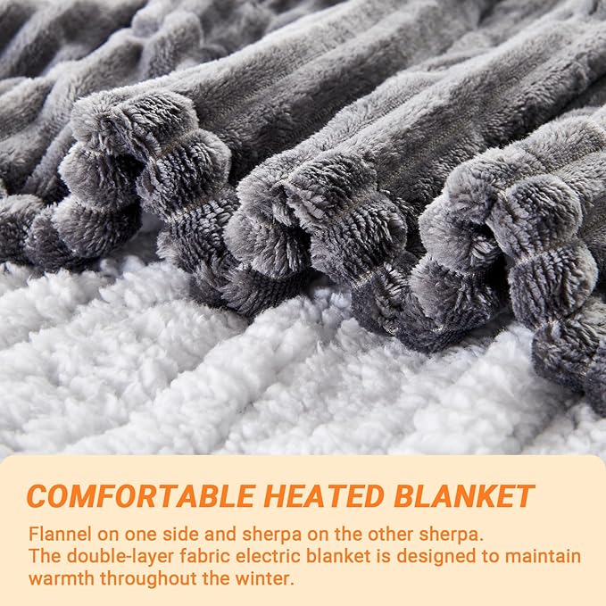 Heated Blanket Electric Queen, Soft Flannel Heating Blanket with 8 Hours Auto Off 10 Fast Heating Levels Machine Washable Sherpa Heated Blanket with Overheating Protection