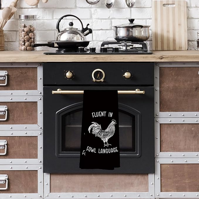 Chicken Kitchen Towels Funny Black Dish Towel with Sayings 16x24 Inches, Chicken Lovers Gifts Decorative Absorbent Dishcloths Tea Towels for Kitchen Bathroom Decor, Humorous Gifts for Women Men