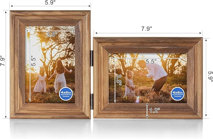 4x6 Double Hinged Picture Frame Folding Photo Frame Vertical and Horizontal in Distressed Farmhouse Wood Grain Pine Wood with Real Glass for Tabletop X2-MU-SH46