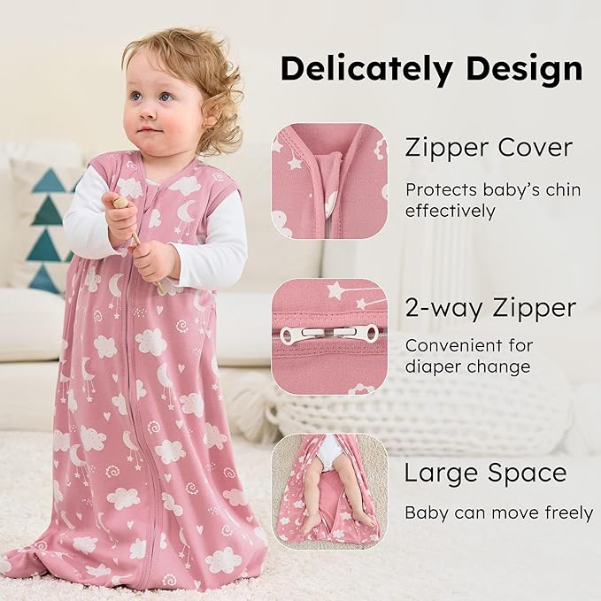 Baby Sleep Sack 18-24 months, 100% Cotton Sleeping Sack for Toddler, 3 Pack Baby Wearable Blanket, 0.5 Tog Lightweight Double Zipper Sleep Bag XLarge Pink Stars Moon