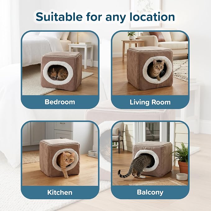 Cat House - Indoor Bed with Removable Foam Cushion - Cat Cave for Puppies, Rabbits, Guinea Pigs, and Other Small Animals by PETMAKER (Light Brown)