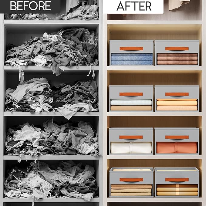 Drawer Organizers and Storage - 8 Pack Foldable Pants Organizer with Clear Window & Handles, Fabric Closet Organizer for Clothes, Jeans, Sweaters, Towels, T-shirt, Scarf (Grey)