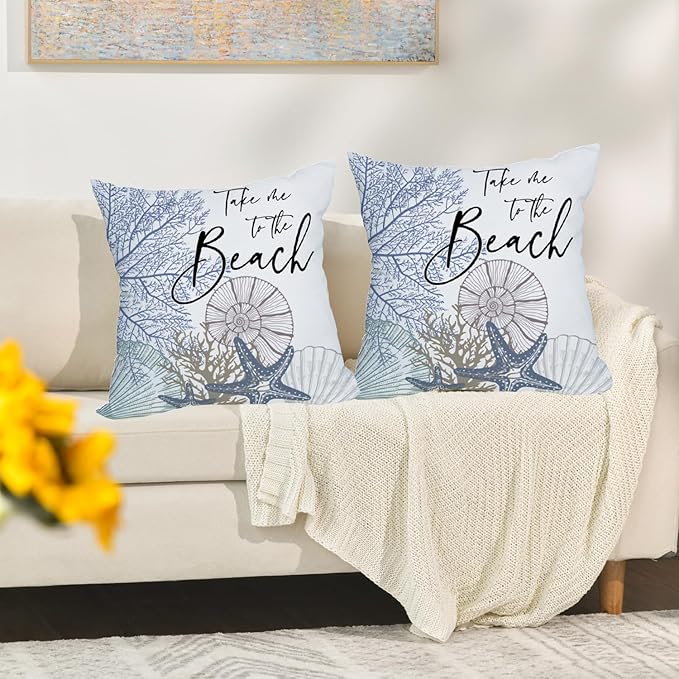 Fukeen 2 Pack Waterproof Take Me to The Beach Summer Pillow Covers 16x16 Inch Blue Ocean Sea Shell Coral Conch Starfish Throw Pillow Covers Outdoor Coastal Decorations Cushion Case Double Sided