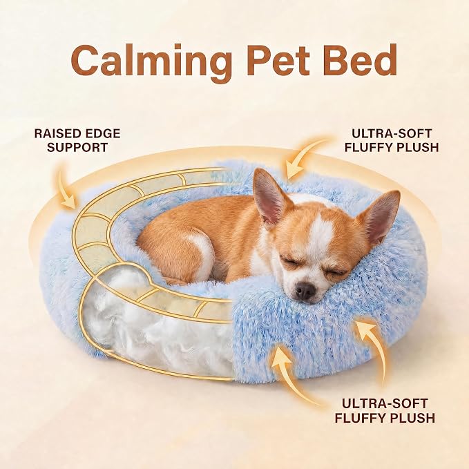 Tiny Dog Bed for Extra Small Dogs for Chihuahua Pomeranian Toy Poodle | 15 Inch Washable Puppy Bed,Soft Faux Fur Calming Donut Bed,Blue and White