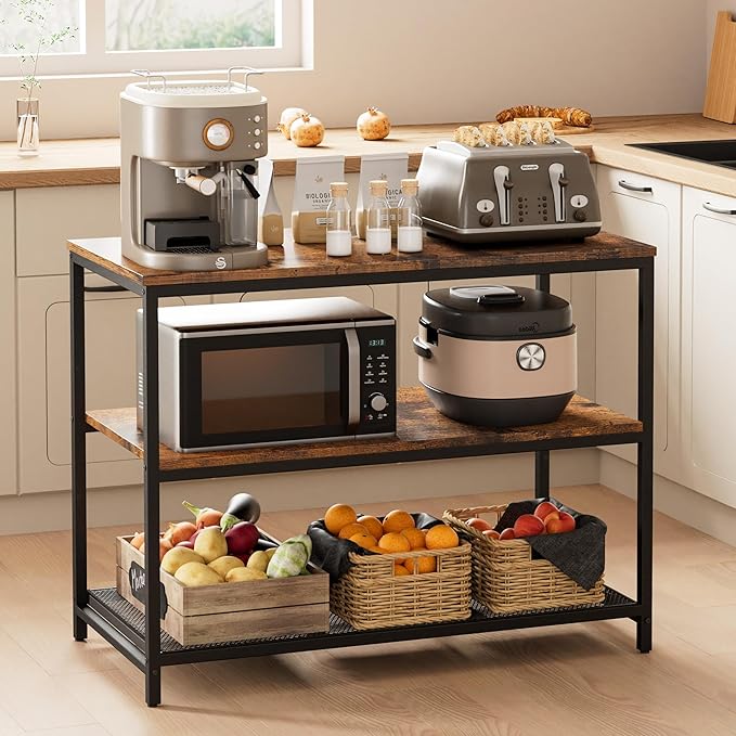 Homleke 39.4" L Kitchen Island with 3 Shelves, Kitchen Shelf with Large Workstation, Bakers Rack, Workbench, Metal Frame, Rustic Brown and Black