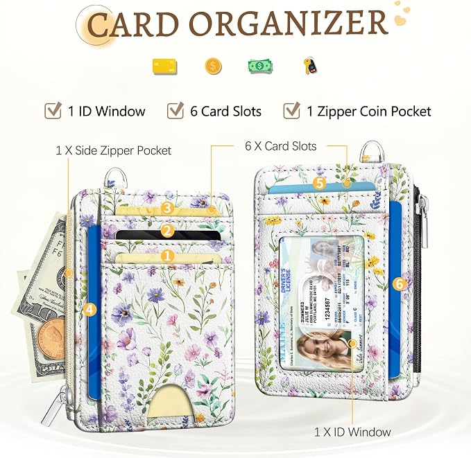 Kelvoris Credit Card Holder Small Wallet Women, Slim RFID, Flowers | Keychain, Zipper Coin Pocket, Front Pocket Thin Travel Card Case, Minimalist, 6 Card Slots, 1 ID Window, Ladies Gifts Woman