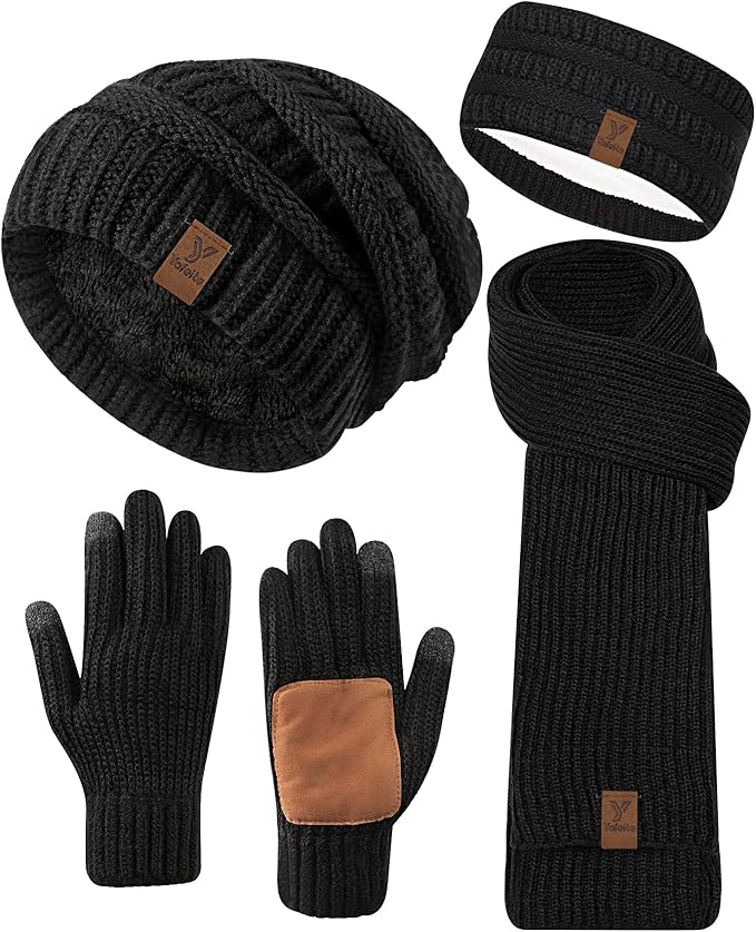 Women Beanie Scarf Gloves Headband Set, Winter Fleece Lined Hat Ear Warmer Knit Scarf Women Gloves Gift Set 4 in 1