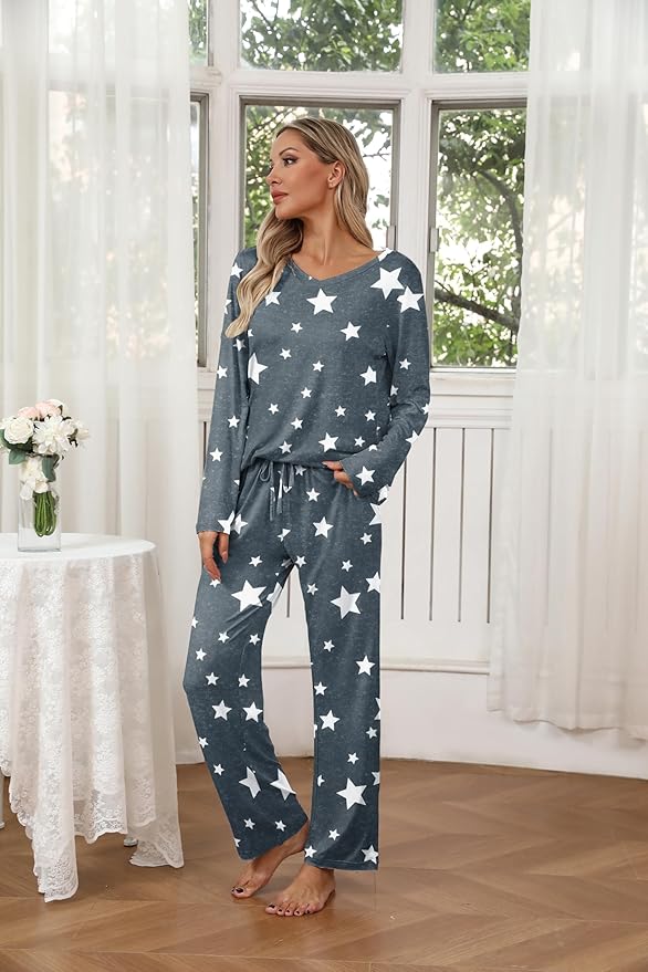 Ekouaer Womens 2 Pack Pajama Set Long Sleeve Pajamas Top and Pants V Neck Pjs Set Soft Loungewear with Pockets