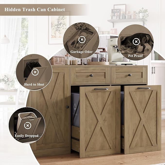 HOSTACK 12.5 Gallon Kitchen Trash Cabinet, 47" Double Trash Can Cabinet, Large Pull Out Can Storage Drawers, Wood Farmhouse Hidden Garbage Storage Buffet for Kitchen, Dining Room, Rustic Brown