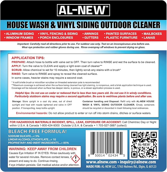 AL-NEW Outdoor Cleaner | Versatile Outdoor Cleaner 64oz Hose End Sprayer (Pack of 2) (House Wash & Vinyl Siding Outdoor Cleaner)