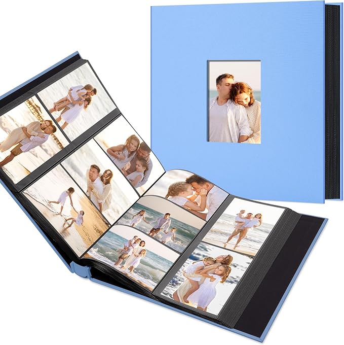 Photo Album Holds 600 Pockets with Linen Cover and Customizable Window, Fits 4x6 Photos, Archival Black Pages, Blue