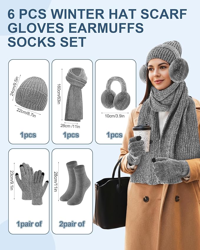 Geyoga 6 Pcs Winter Knit Set Beanie Hat Long Scarf Touchscreen Gloves Ear Muff Socks Warm Valentine Gift for Women Men Snow(Gray,Classic Style)