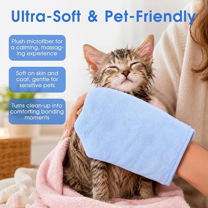 A Pair of Microfiber Reusable Pet Grooming Towel Gloves, Machine-Washable Double-Sided Bath Mitts, Dirt & Odor Removal Cleaner for Dog and Cat Paws & Coat (Blue)