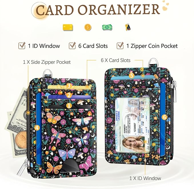 Kelvoris Credit Card Holder Small Wallet Women, Slim RFID, Butterflies | Keychain, Zipper Coin Pocket, Front Pocket Thin Travel Card Case, Minimalist, 6 Card Slots, 1 ID Window, Ladies Gifts Woman
