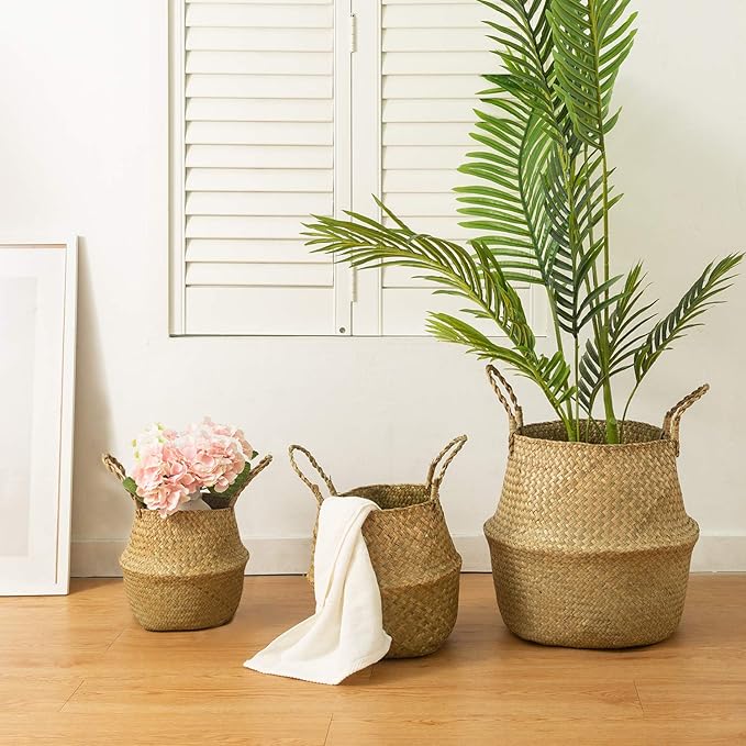 Seagrass Belly Basket, Set of 2 Woven Plant Pot Holder handmade Home Decor for Storage Plants Picnic Grocery Medium(10.63 x 9.44 inch)