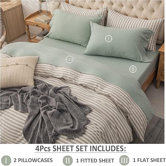 PURE ERA Jersey Knit 4pc Bed Sheet Set 100% T-Shirt Cotton Super Soft Comfy Breathable Fits Mattress Up to 20" Extra Deep Pocket (Solid Sage Green, Queen)