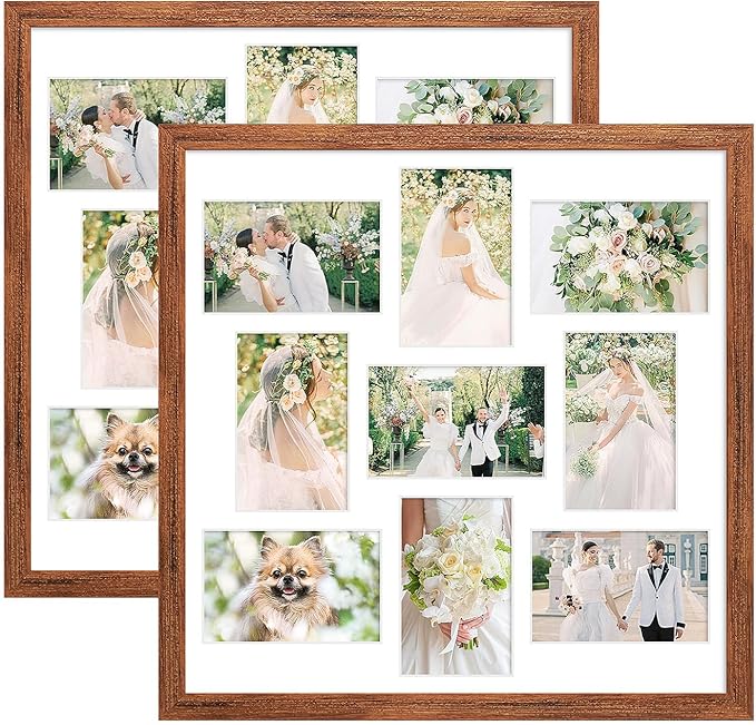 17x17 Collage frame with 9 Openings 4X6 Pictures, Multiple Picture Frame with Mat, Wall or Tabletop Decor, Carbonized Brown Wood Grain,2 Pack