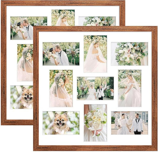 17x17 Collage frame with 9 Openings 4X6 Pictures, Multiple Picture Frame with Mat, Wall or Tabletop Decor, Carbonized Brown Wood Grain,2 Pack