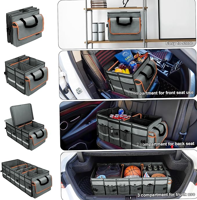 Car Trunk Organizer and Storage with Removable Leakproof Cooler Bag, 6 Removable Dividers for Custom Space, Collapsible Trunk Storage with Non Slip Bottom, Foldable Cover for SUV, Jeep, MPVs