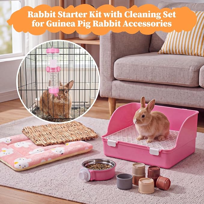 34 Pcs Rabbit Starter Kit Rabbit Litter Box Small Animal Water Bottle Cups Bunny Tunnels Animal Grooming Kit Bowl Blanket with Cleaning Set for Guinea Pig Bunny(Style 3,Sakura Pink)