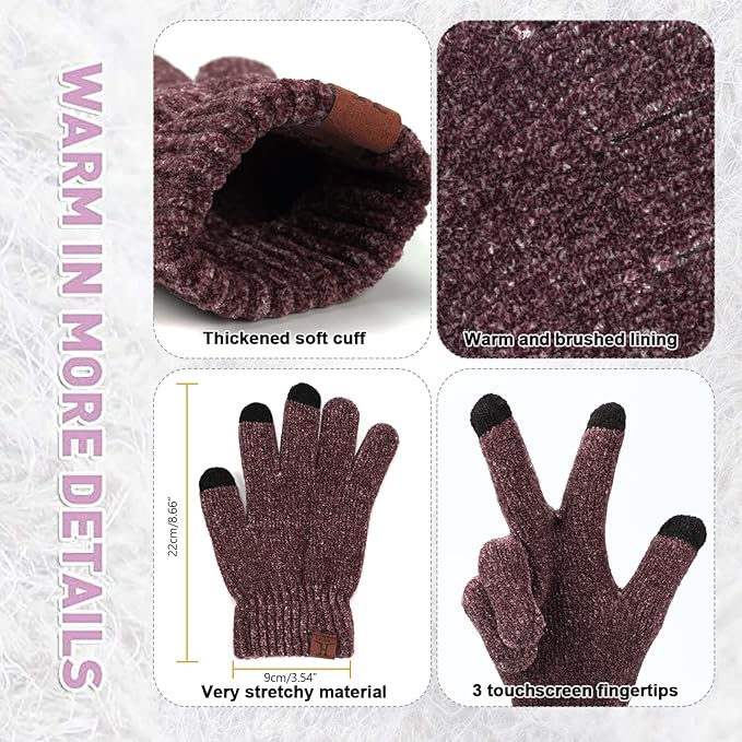 Womens Winter Knit Warm Hat Beanie Long Scarf Touch Screen Gloves Set Skull Caps Neck Scarves for Women