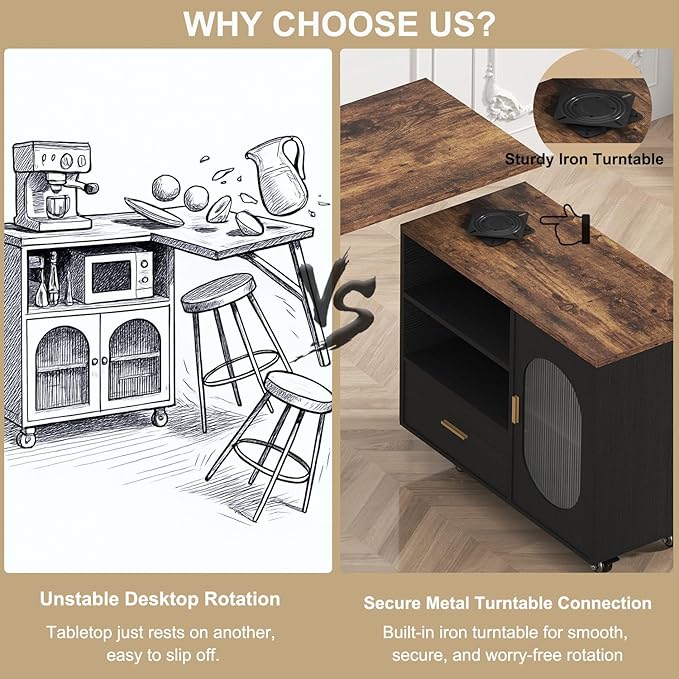 HSH 72" Rustic Kitchen Island with Storage, Mobile Farmhouse Kitchen Island Cart with Cabinet, Drawer & Shelves, Island Table on Wheels for Meal Prep, Dining Room & Home Bar, Rustic Brown & Black Oak