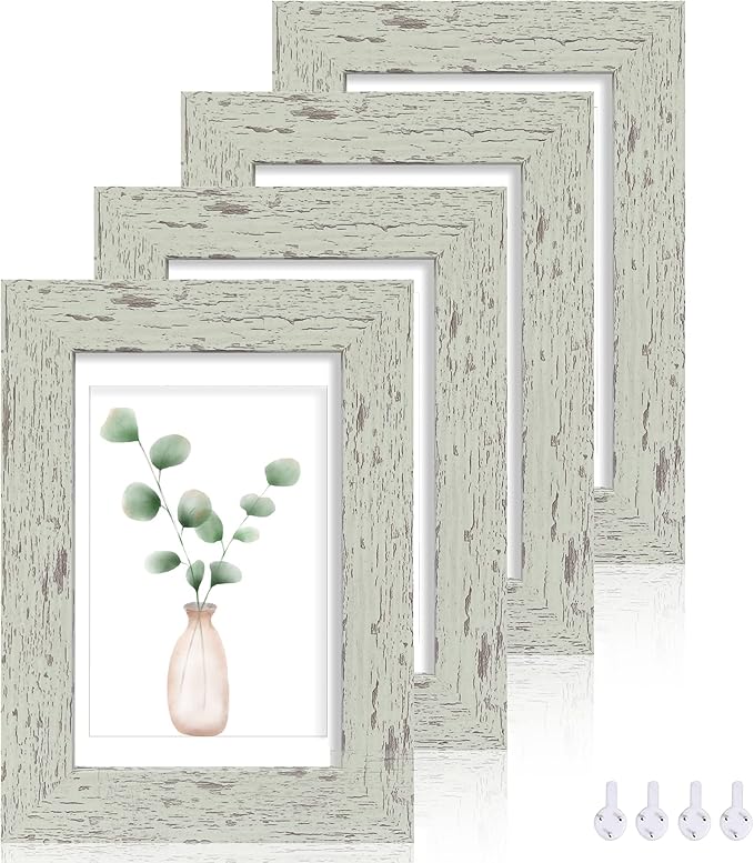 5x7 Picture Frame Set of 4, Made of Real Glass and Sage Green Wooden Frame, 5 by 7 Photo for Wall or Tabletop - Display Picture 4x6 with Mat or 5x7 Without Mat