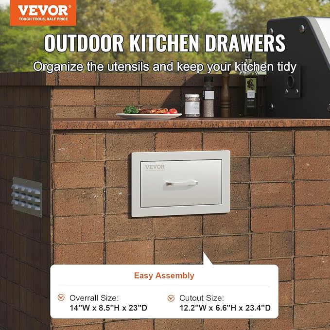 VEVOR Outdoor Kitchen Drawers 14W x 8.5H x 23D Inch, Outdoor Kitchen Cabinets with Stainless Steel Handle, Flush Mount Double Drawers, BBQ Island Drawers, Outdoor Kitchen Access Drawers
