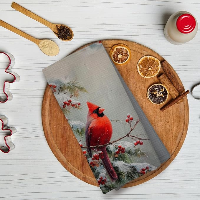 Winter Christmas Cardinal Snowy Woodland Kitchen Hand Towels,Red Bird Holly Berries Dish Towels for Kitchen Home,Vintage Rustic Winter Hand Towel Decorative Set for 2