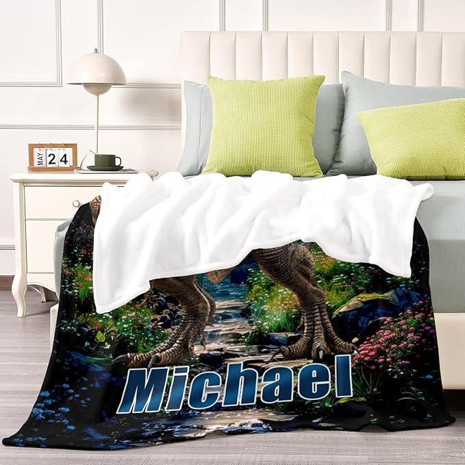 Custom Boy Blanket with Dinosaur - Personalized Throw Blanket Gift for Boys Kids Adults (Dinosaur Design)