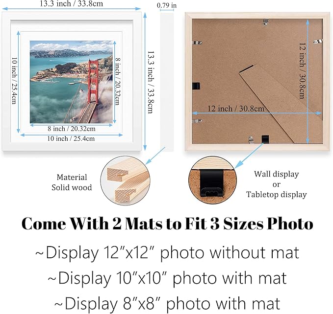 12x12 Wood Picture Frames for Wall Hanging or Tabletop,Diamond Painting Frame Baby Scan Picture Frames with 2 Mats Display 8x8 or 10x10 for Family Walls Decoration,Anniversary,Wedding,Christmas(White)