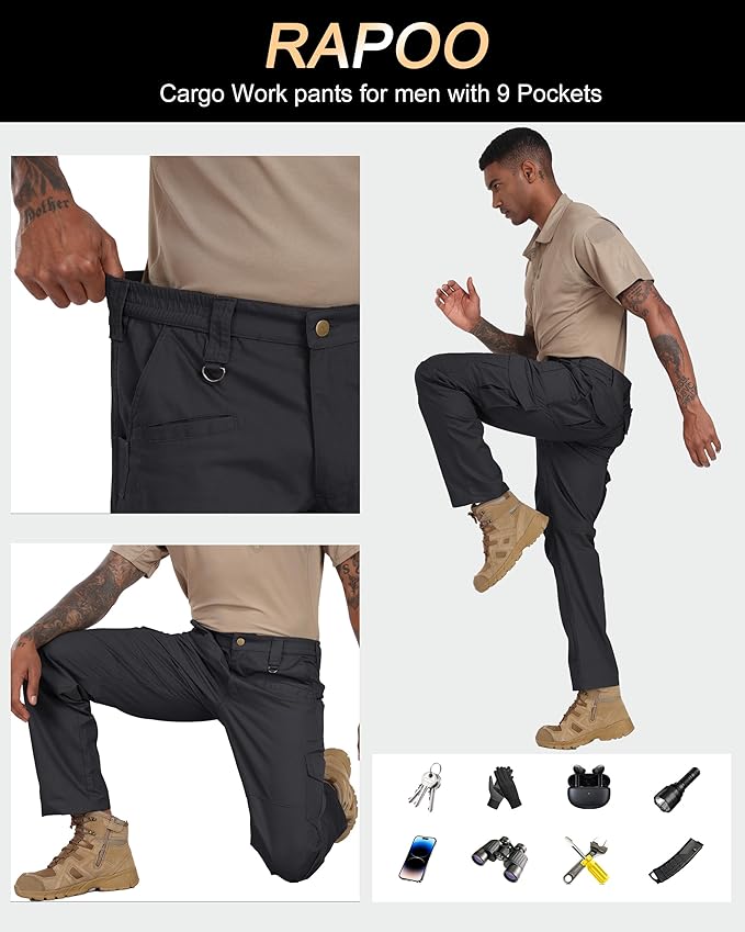 Rapoo Ripstop Water Resistant Cargo Tactical Pants for Men EDC Hiking Work Military Army Pants with 9 Pockets