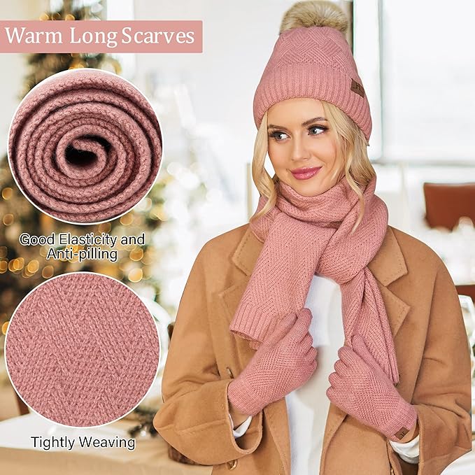 Womens Winter Warm Knit Beanie Hat Long Scarf Touchscreen Gloves Set with Fleece Lined Pom Skull Cap Gifts for Women