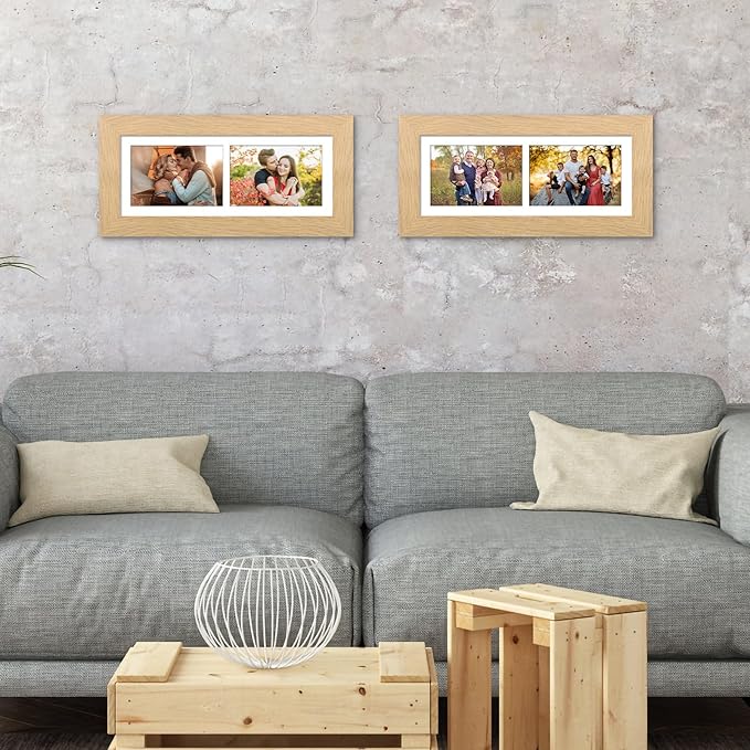 6x15 Picture Frame Display 2 opening 5X7 Double Picture Frame Collage,Multi Photo Frame with Mat,Plexiglass,Horizontal and Vertical Formats for Wall Decor,Natural Wood Grain