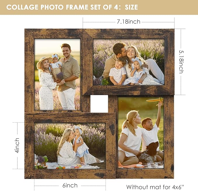 4x6 Collage Picture Frame Tempered Glass Front, Displays Four 4x6 Photo, Family Photo Collage Frame, Wall Decor Wall Hanging or Tabletop, Brown