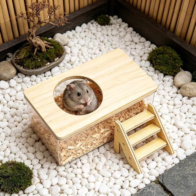 Hamster Sand Bath Box with Wood Cover and Ladder - Rectangle Clear Digging Container - Multifunctional Bathroom for Small Animals for Home and offic