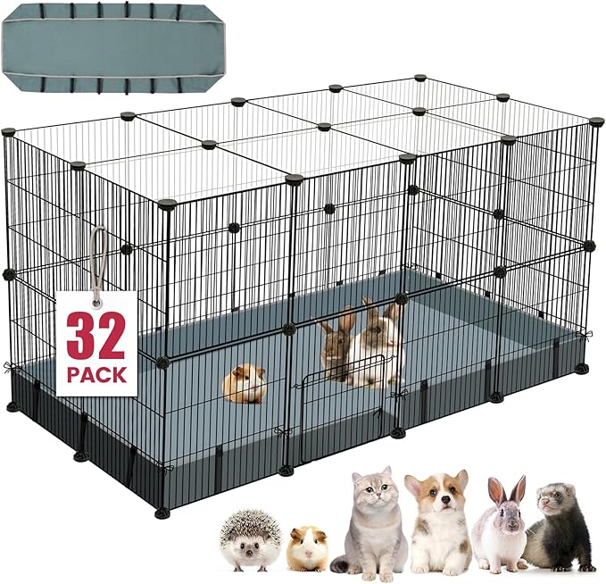 VISCOO 32 Panels Small Animal Playpen,47.5" x 23.7" x 31.5" Pet Playpen | Upgrade Waterproof Mat,Guinea Pigs, Rabbit/Bunny Cage, Bunny/Puppy Play Pen, Indoor Outdoor Portable Metal Fence