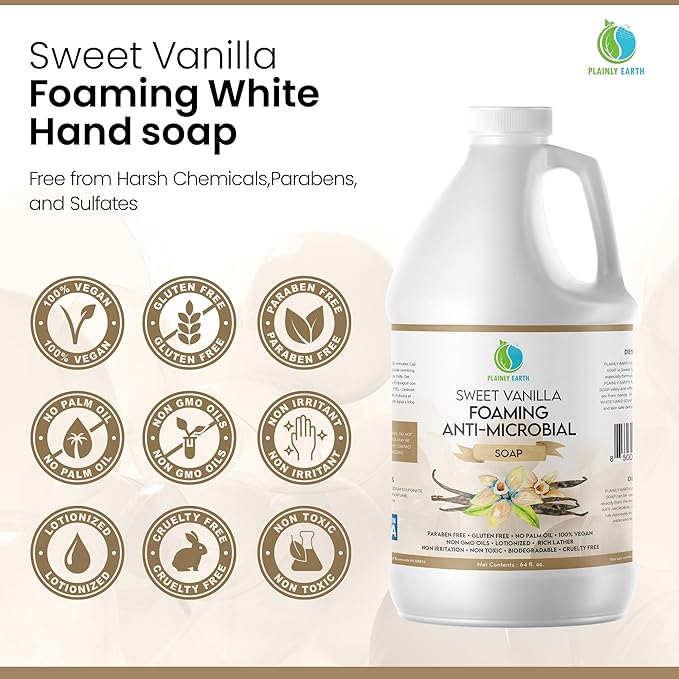 AntiMicrobial Hand Soap 64 oz - Sweet Vanilla Gentle Foaming Liquid Hand Soap Refill Antibacterial - Moisturizing, Long Lasting Freshness & Safe for Skin